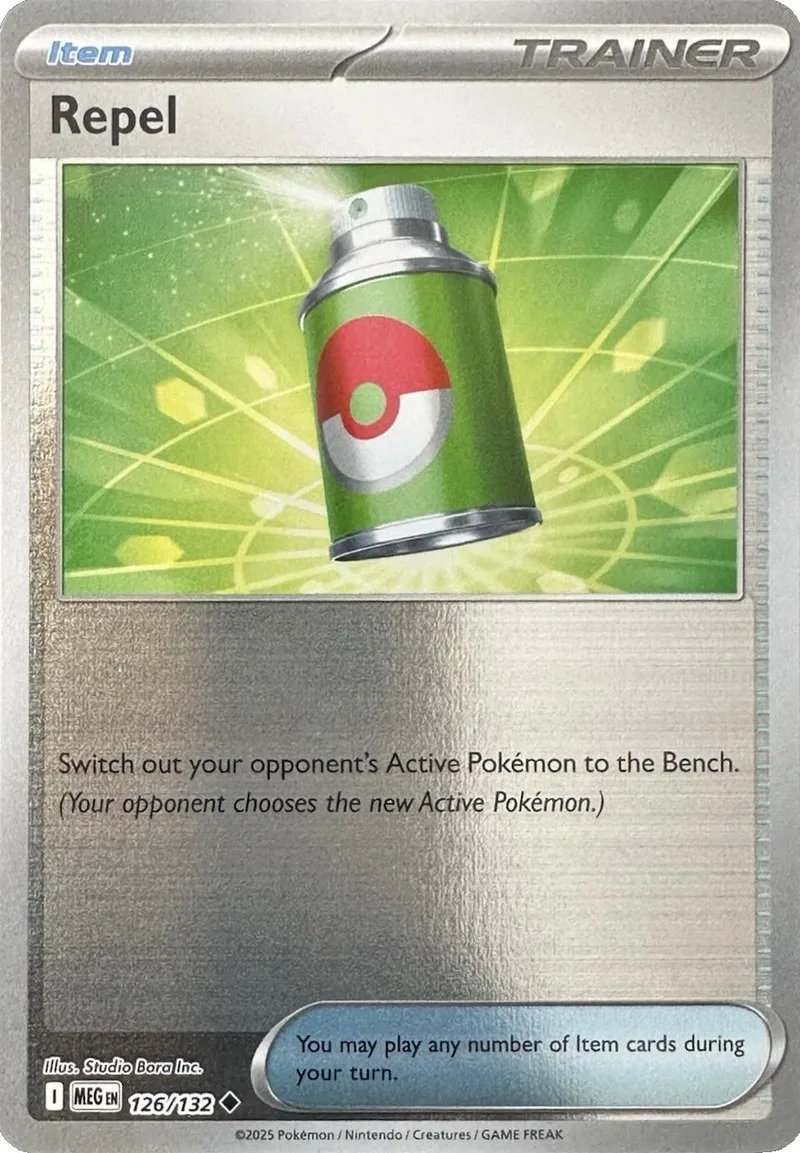 Green and silver canister on a green, glowing background on a Pokémon card.