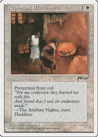 Card art depicts figures in a dimly lit, earthy scene. Repentant Blacksmith card.