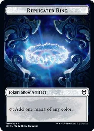 Blue and white magic ring token card with glowing central design.