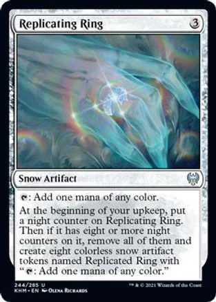 Magic: The Gathering card, Replicating Ring, blue and white art, standard card frame.