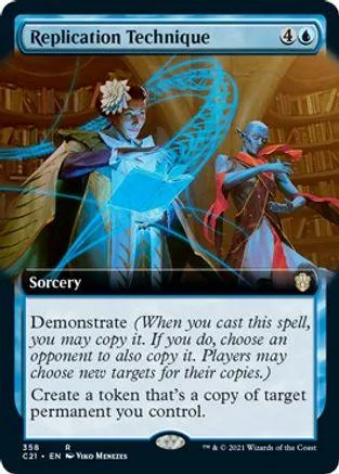 Blue and white magic spell card art featuring two figures in a grand hall.