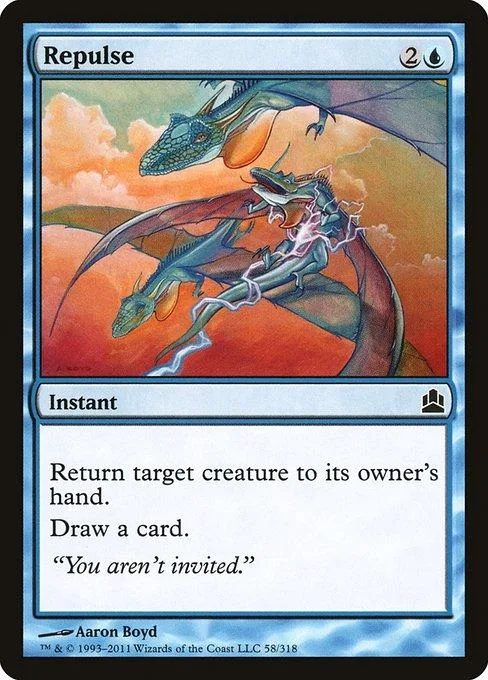 Blue and orange dragon art card with "Repulse" text box.