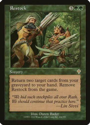 Two figures with spears in a forest scene on a green Magic: The Gathering card.