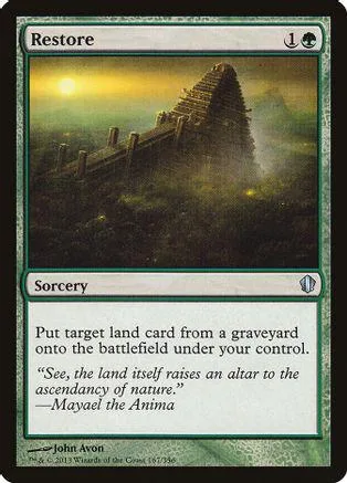 Green landscape card art showing ancient stone structure at sunset.