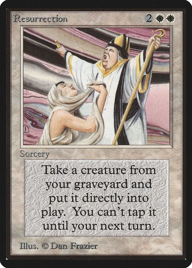 Card art shows robed figures in dramatic, colorful scene. Resurrection spell text visible.