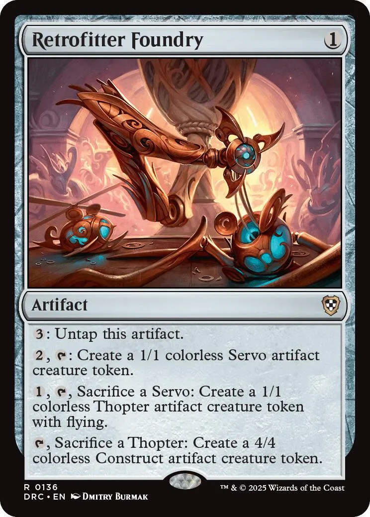 Card art depicts mechanical, orange and blue constructs in a fiery, ornate setting.