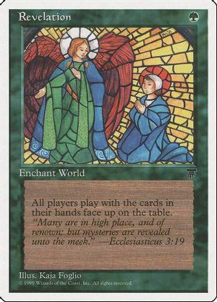 Angel and person in blue robes on a green card with text.