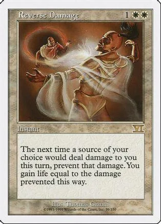 White and brown fantasy art card with "Reverse Damage" text.