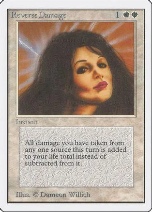 Card featuring a woman's portrait; text reads "Reverse Damage.