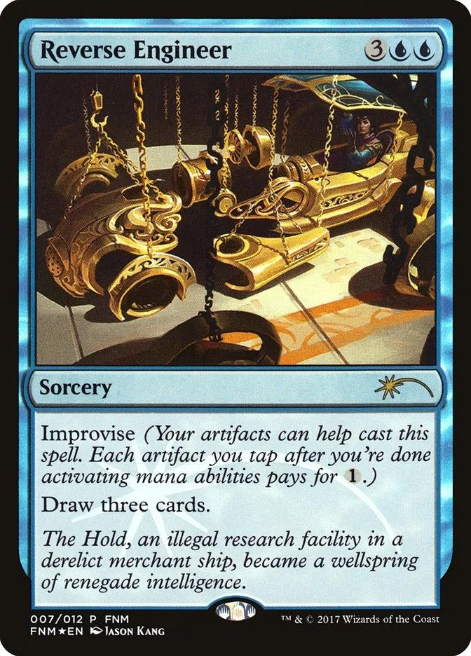 Gold and bronze mechanical contraption on a dark background. Magic card art.