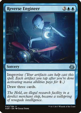 Blue and black Magic: The Gathering card, Reverse Engineer, featuring a figure on a futuristic vehicle.