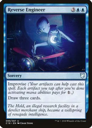 Blue and black card art featuring a figure in a futuristic setting.
