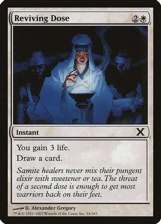 White-robed figure holds bowl, dark background. Card art for "Reviving Dose.