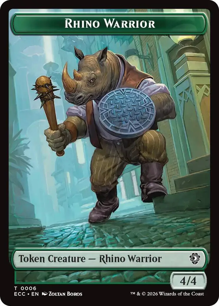 Rhino warrior token card, brown and gray, holding a club and shield.