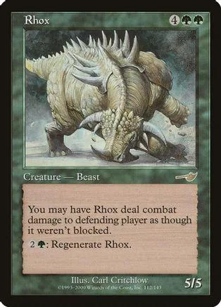 Large, spiky, light-colored beast on a green field, Rhox creature card.