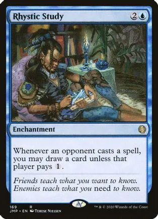 Blue and black Magic: The Gathering card, Rhystic Study, showing two figures in a dimly lit scene.