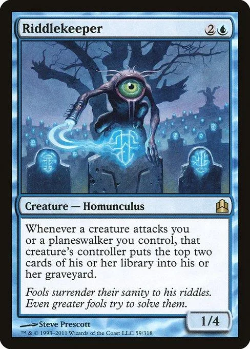 Green and blue creature with glowing eyes in dark, spooky forest setting.
