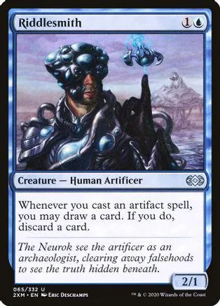 Dark-skinned figure in metal armor, casting a spell, on a blue and purple card.