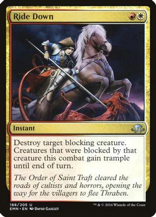 Horseman on horseback attacking, dark fantasy art, black and gold card frame.