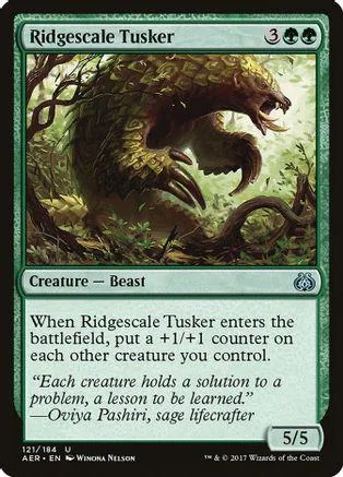 Green beast creature card art, showing a large, textured creature in a forest.