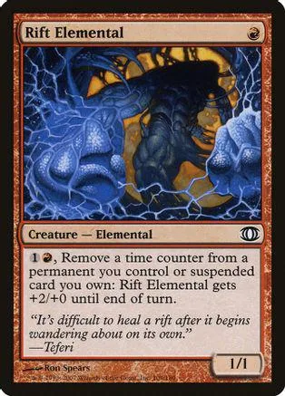 Blue and black elemental creature card, Rift Elemental, with text box.
