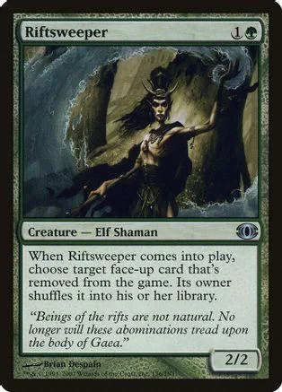 Elf shaman creature card, dark fantasy art, green and black frame.