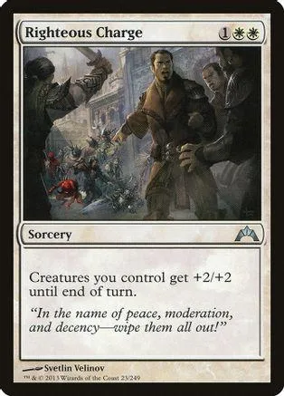 Magic: The Gathering card, Righteous Charge, featuring a man in dark attire.