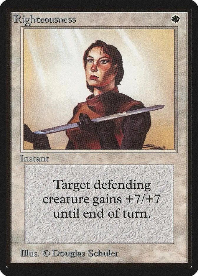 Card art of a person holding a sword, titled "Righteousness," instant spell.