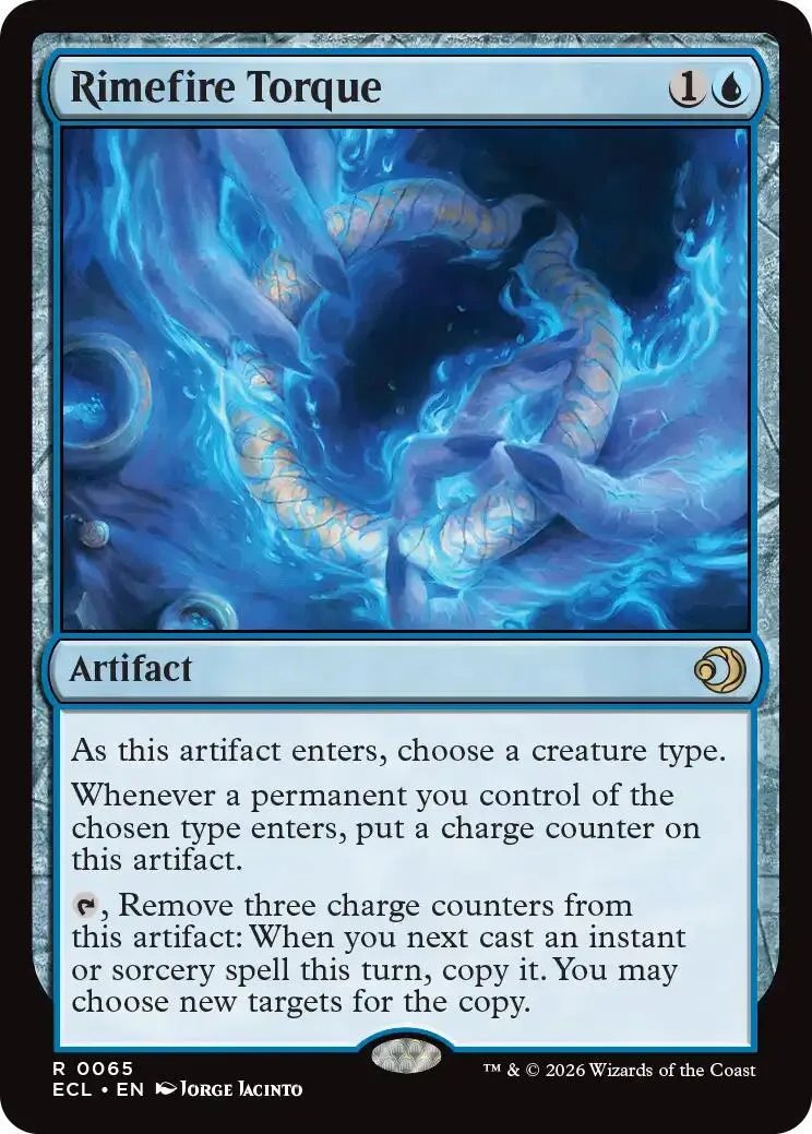 Blue and white Magic: The Gathering card, Rimefire Torque, in good condition.