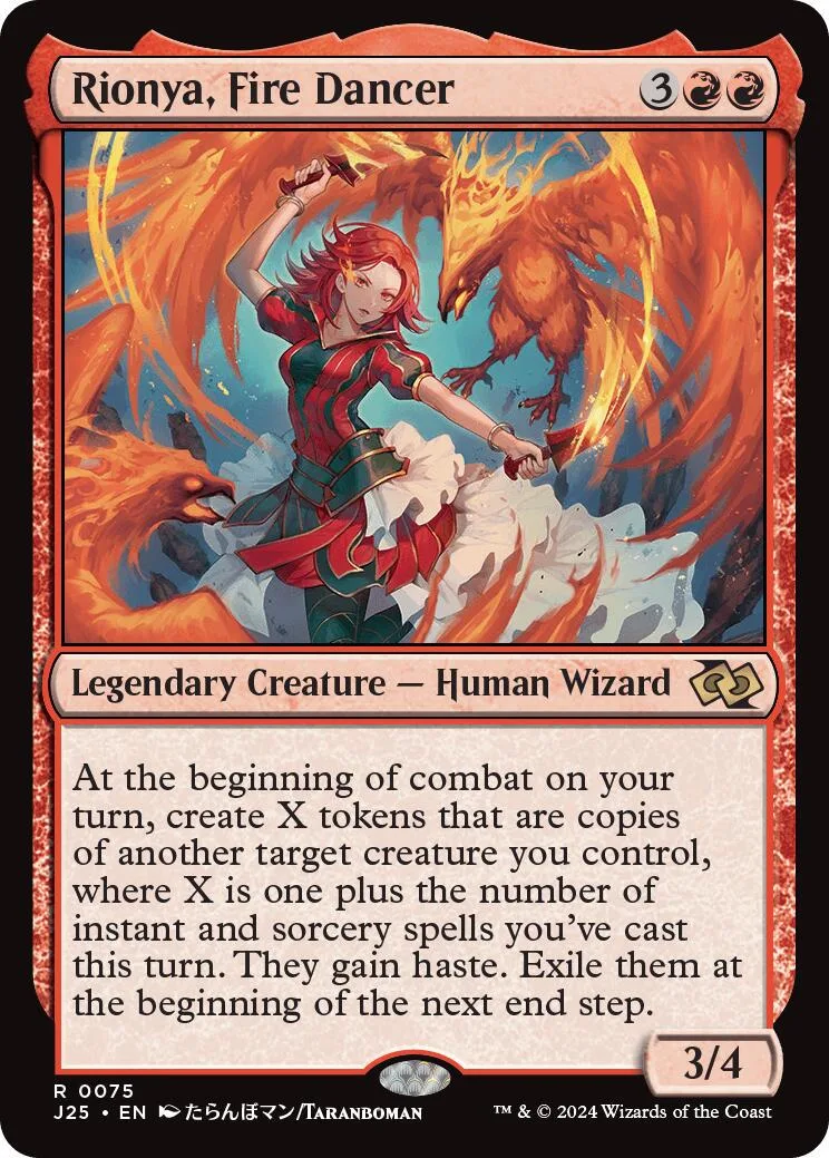 Red-haired wizard with fire effects, on a Magic: The Gathering card.