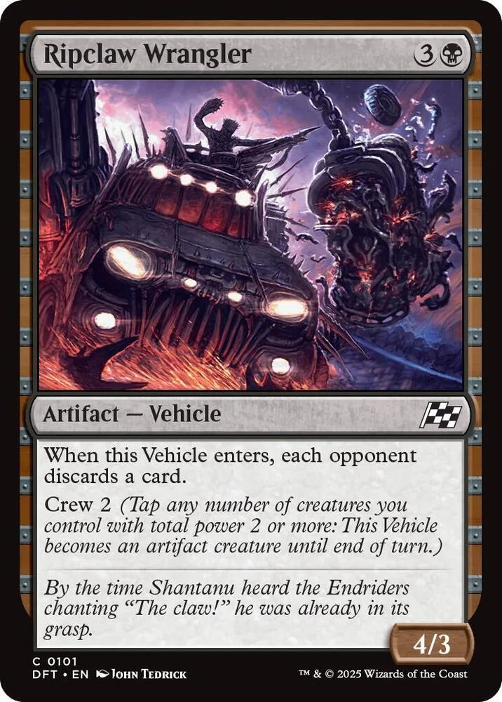 Card art shows a dark vehicle amidst fiery, chaotic background elements.