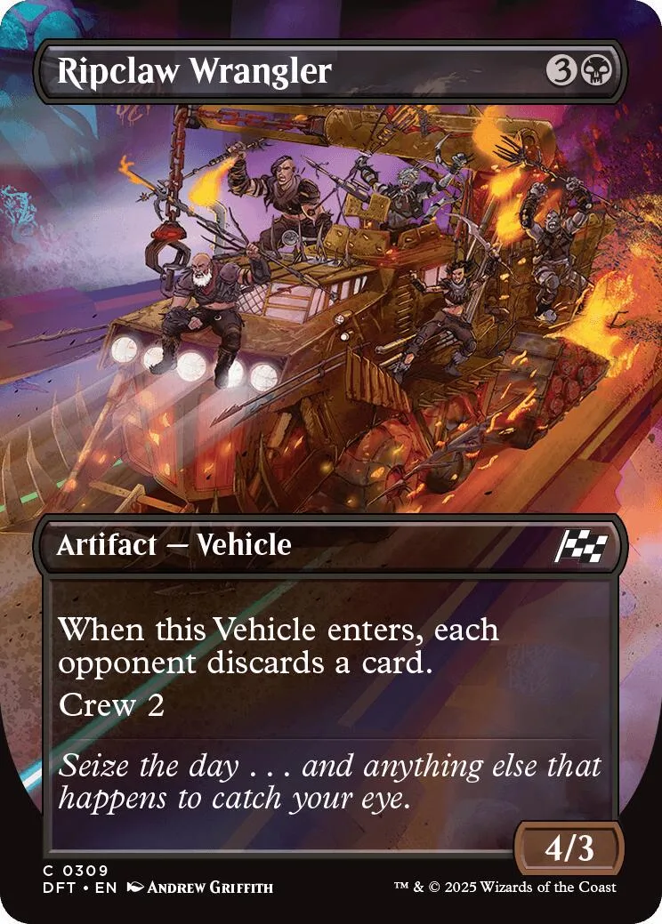 Card art shows a fiery, chaotic vehicle with figures riding it. Ripclaw Wrangler.