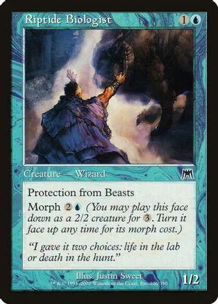 Wizard figure in blue cloak facing a dark, shadowy beast on a card.