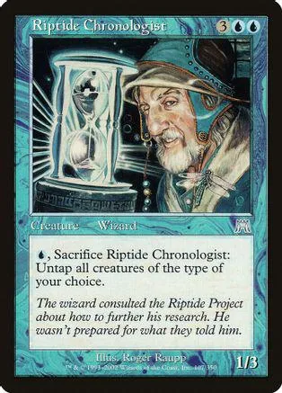 Wizard with beard in blue hat next to hourglass on a collectible card.