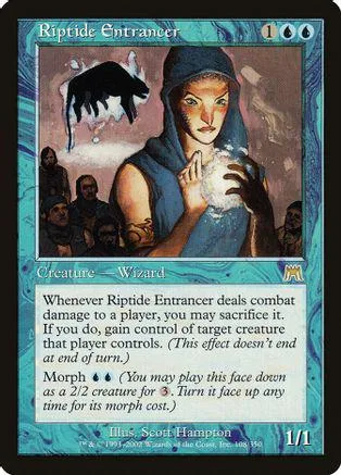 Woman in hood holding white object on fantasy card.