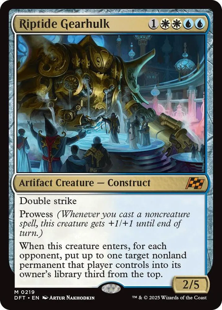 Gold mechanical creature on a blue and purple fantasy scene. Magic: The Gathering card.
