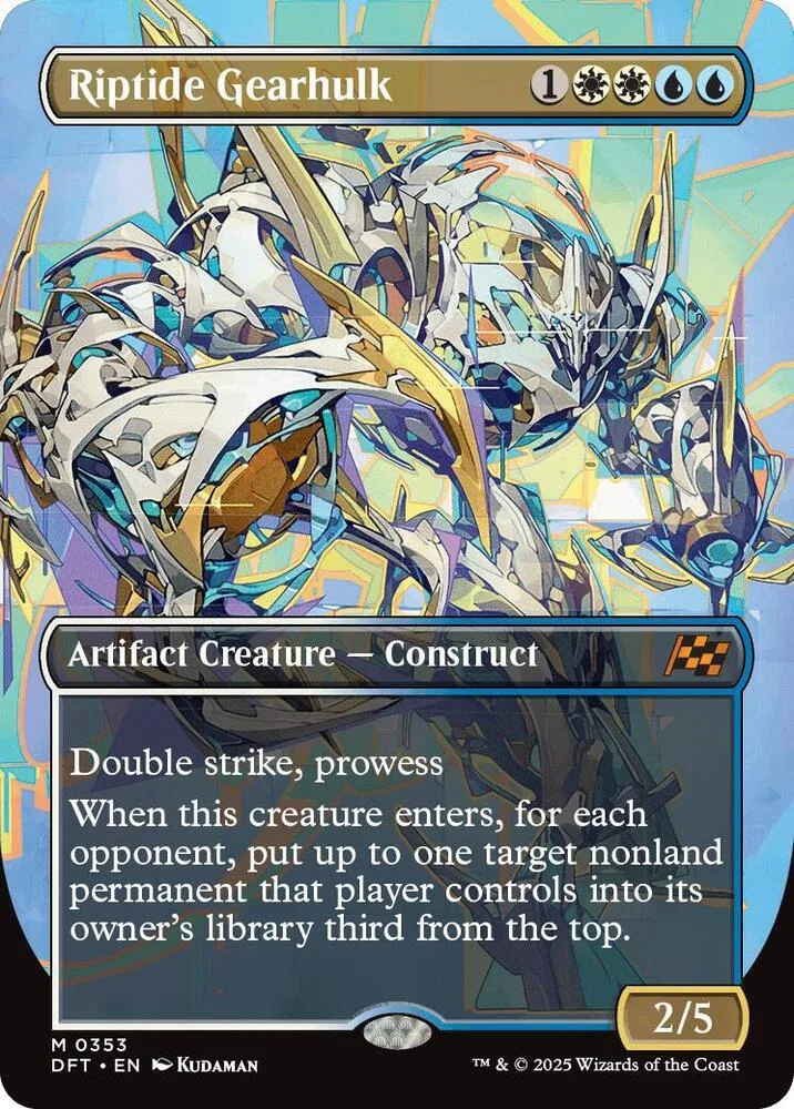 Blue and gold mechanical creature card, Riptide Gearhulk, in a standard card frame.