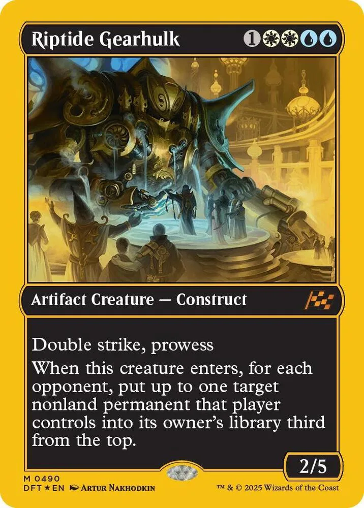 Dark, metallic creature on a fantasy battlefield card. Orange and black design.