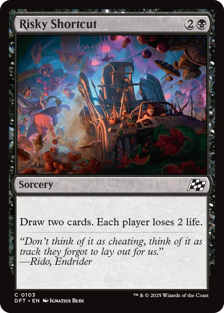 Magic: The Gathering card, Risky Shortcut, featuring a colorful, chaotic scene.