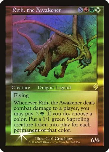 Brown dragon creature card art, showing a large dinosaur-like beast in a green landscape.