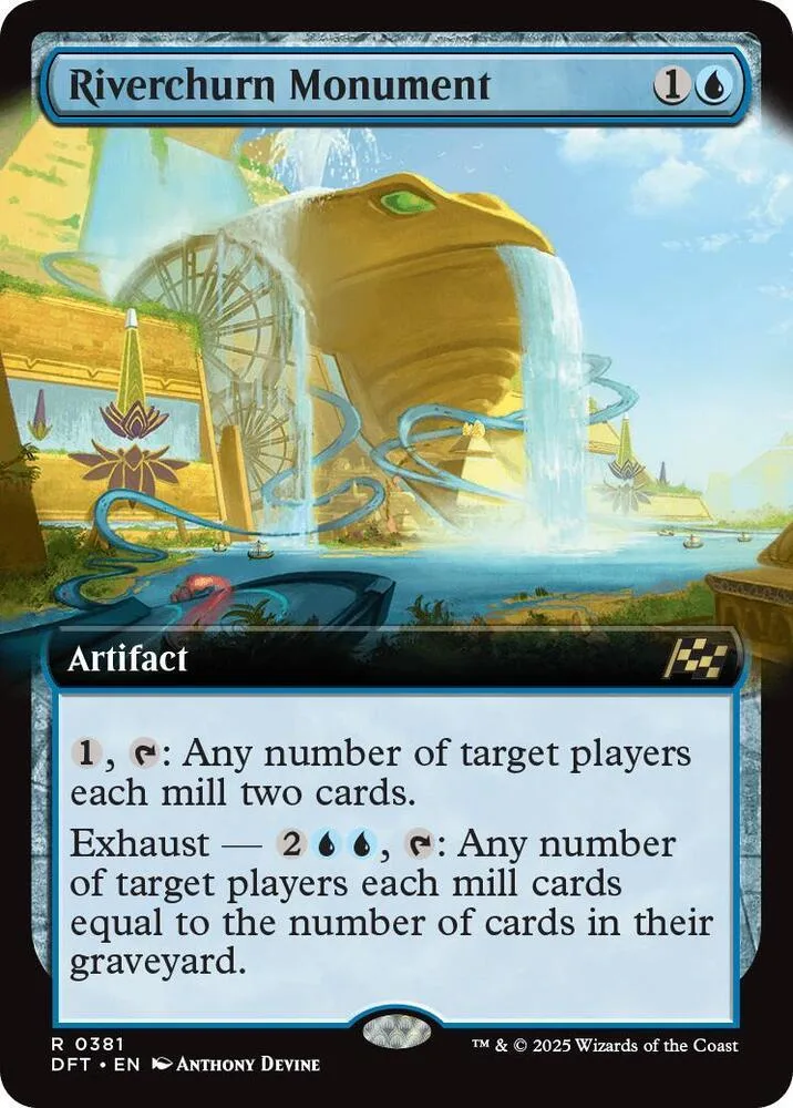 Blue and gold card art of a large monument with flowing water.