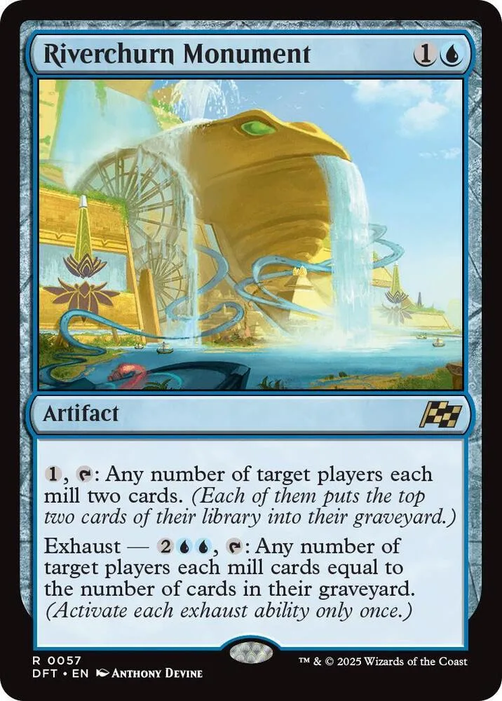 Blue and yellow card art of a large, flowing monument structure.