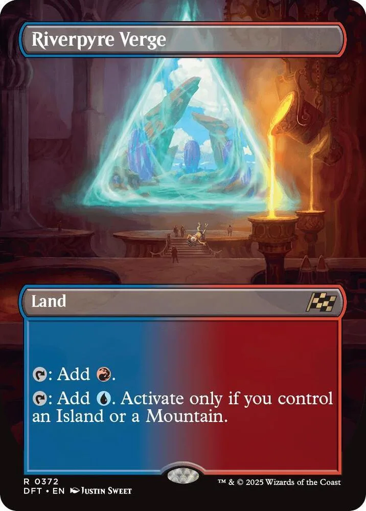 Magic: The Gathering land card, Riverpyre Verge, blue and red color scheme.