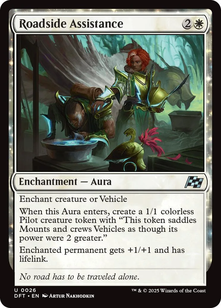 Card art shows a figure in armor assisting a figure near a vehicle in a forest.