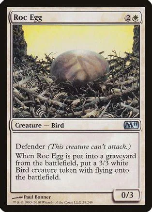 Round, brown egg rests on dark, thorny ground on a collectible card.