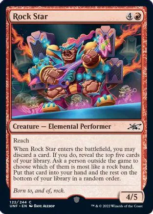 Blue and purple elemental performer creature card with fiery background.