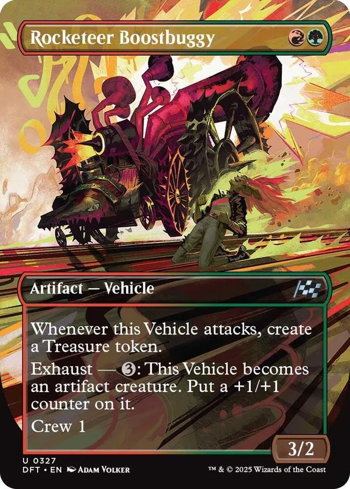 Red and black vehicle on a card, showing attack and ability text.