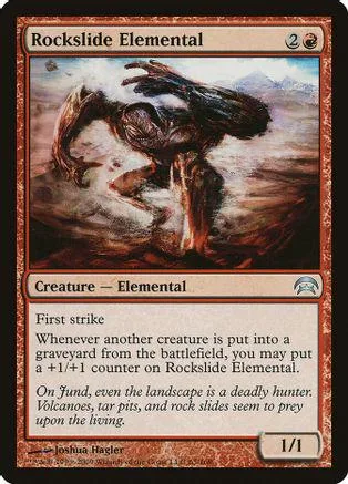 Dark elemental creature on brown, fiery landscape card.
