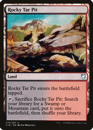 Fantasy landscape art card, Rocky Tar Pit, showing a dark pool in a rocky area.