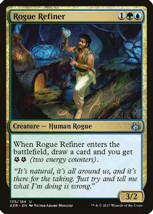 Card art depicts a man in a forest, holding a glowing orb. Rogue Refiner card.